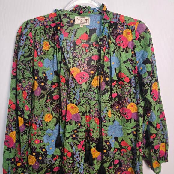 Mille Resort & Travel Dark Floral Boho Cotton Midi Dress XS Made in India - Picture 5 of 10